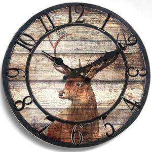 TIANCENTRAL H Wood Deer Clocks for Living Room Round Silent Wall Clock Vintage Decoration Time Clocks Home Kitchen School Office Wall Clocks Battery Operated by 12 inches