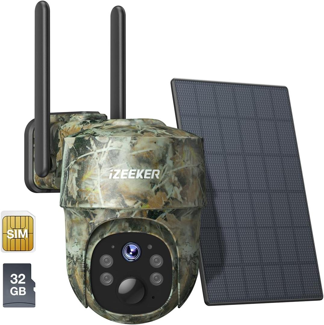 iZEEKER Solar Trail Camera 4G LTE, 2K PTZ Cellular Game Camera with 360 Full View, Live Video, Color Night Vision, Motion Activated IP65 Waterproof, No WiFi, Remote Phone Access (camouflaged)