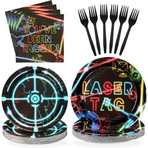 96 Pcs Laser Tag Party Supplies Disposable Glow Neon Plates Napkins Forks Tableware Set Laser Tag Party Favors for Kids Boys Girls Neon Glow Shooting Game Laser Tag Birthday Decorations, Serves 24