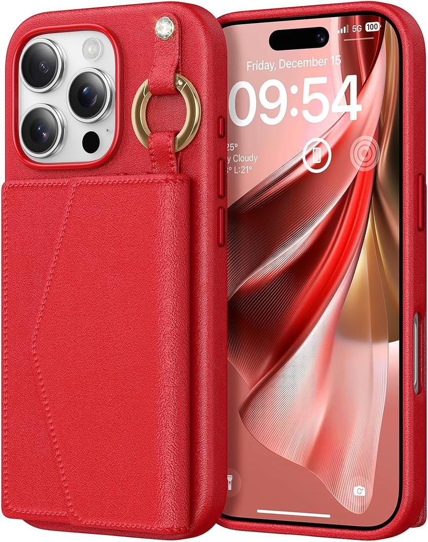 TAURI for iPhone 16 Pro Max Case, Removable Magnetic Wallet Case with Card Holder, [Compatible with MagSafe] Durable PU Leather Phone Case with Wireless Charging, Red