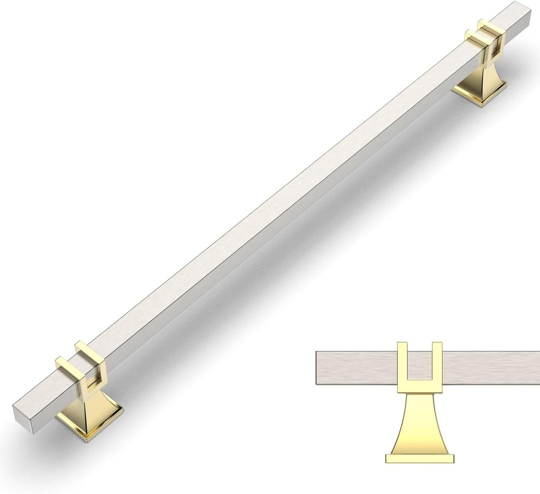 Amerdeco 10 Pack Brushed Satin Nickel and Gold Cabinet Pulls 10 Inch(254mm) Hole Center Drawer Pulls Cabinet Hardware Kitchen Cabinet Handles for Bathroom Dresser Pulls ZH0067 (10"/254MM Hole Center, Brushed Satin Nickel+Gold)