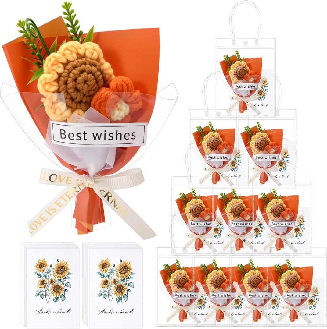 Employee Appreciation Crochet Bouquet Handmade Knitted Artificial Flowers Party Decor a Bunch of Love Cards in Gift Bags for Co-Workers, Boss, or Team Members(10 Sets,Sunflower)