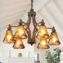 Farmhouse Chandelier Rustic Iron Hanging Light with Amber Wavy Art Glass Shades Vintage Ceiling Pendant Light for Living Room, Bedroom, Dining Room, Kitchen Lighting, 27 INCH