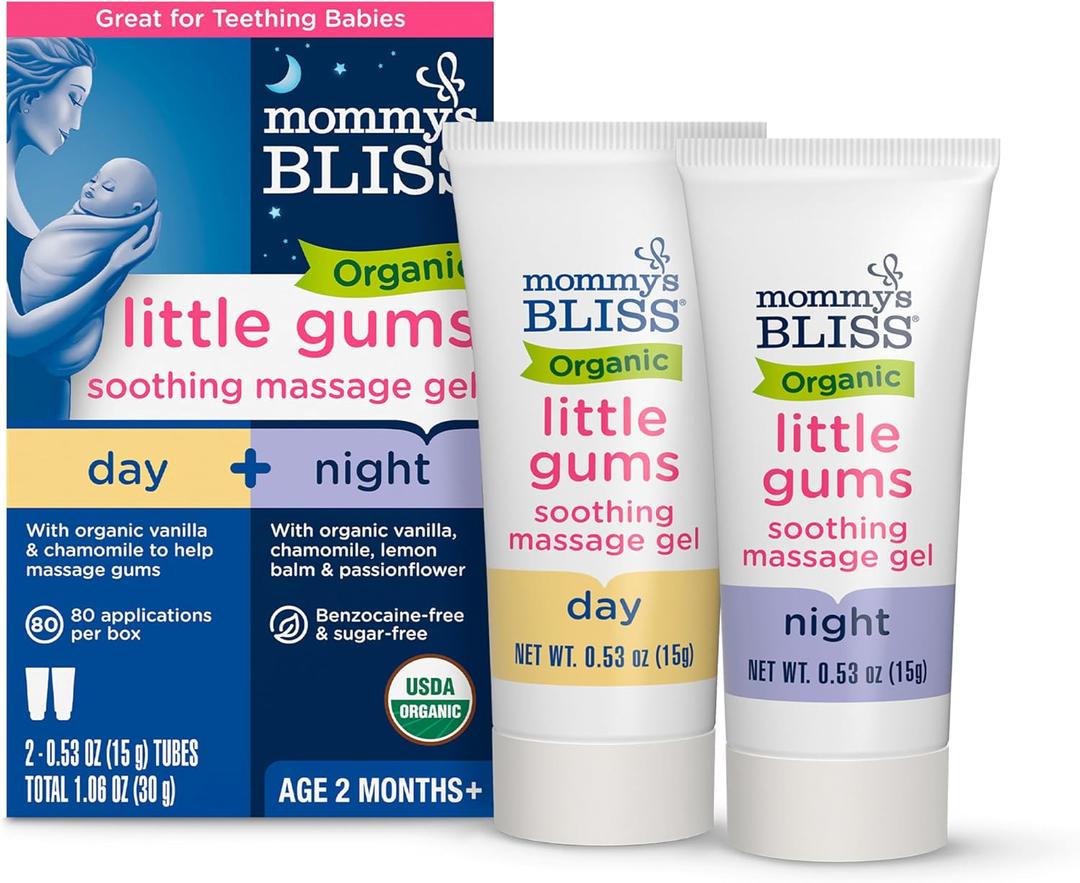 2 x Mommy's Bliss Organic Little Gums Soothing Massage Gel Day and Night Combo, Great for Teething Babies, Age 2 Months+, Sugar Free, Mild & Sweet Flavor, 2 - 0.53 Oz Tubes (Pack of 1)