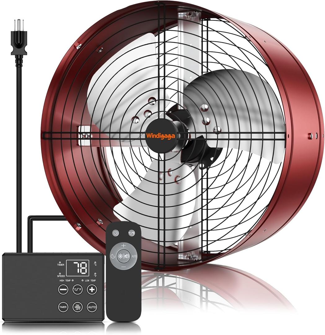 15'' Gable Vent Fan with Thermostat & Remote Control, 1800 CFM Attic Fan, 70 Watts, Up to 2500 Sq Ft, 3 Speeds, 18-Hour Timer, Plug & Play, Auto On/Off Based on Temperature