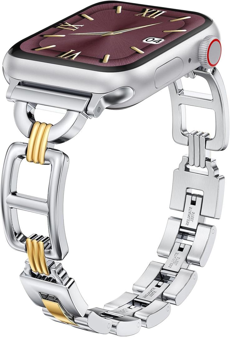 Wearlizer Compatible with Apple Watch Band 49/46/45/44/42mm Women, Dressy Stainless Steel Metal Jewelry Designer Gold Silver Chain Strap for iWatch (Series 3 2 1) 
