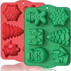 HKNMTT Large Christmas Silicone Molds for Baking Cake Muffins Oven Safe Freezing Soap Candle Cocoa Bomb Food Grade Tray, Deep Snowflake Tree Santa Gingerbread Gift Bell 6 Holiday Shapes Mould 2PCS