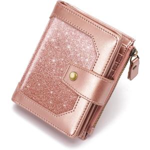Small Glitter Women Wallet,Bifold Purse RFID Blocking Credit Card Holder Wallet with Zipper Pocket,Rose Gold Glitter
