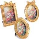 3Pcs Small Vintage Picture Frames, 2.5 x 3.5 Inch Gold Vintage Baroque Mini Gold Frames, Oval Rectangle Ornate Table Top Display Frame for DIY Jewelry Display Photography Mobile Photo Wedding Decor