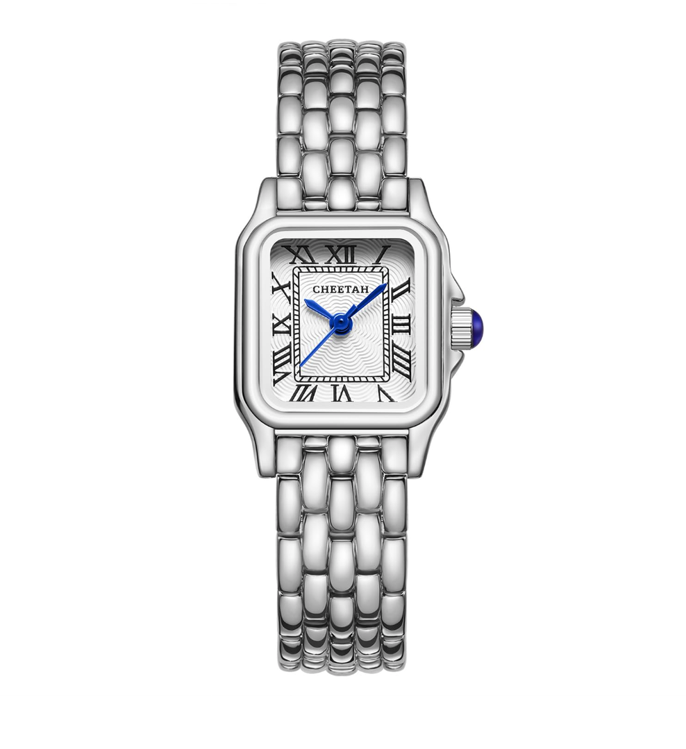 CHEETAH Gold Watches for Women with Small Vintage Bracelet, Rectangular Case Roman Dial, silver white
