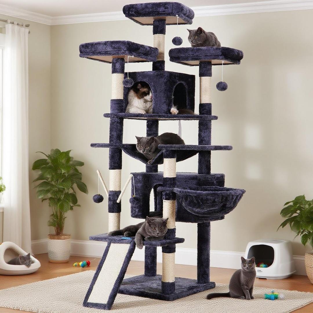 Hey-brother Cat Tree, 71 inches XL Large Cat Tower for Indoor Cats, Multi-Level Cat House with 3 Padded Perches, Big Scratcher, Cozy Basket, 2 Cat Condos and Scratching Posts, Smoky Gray