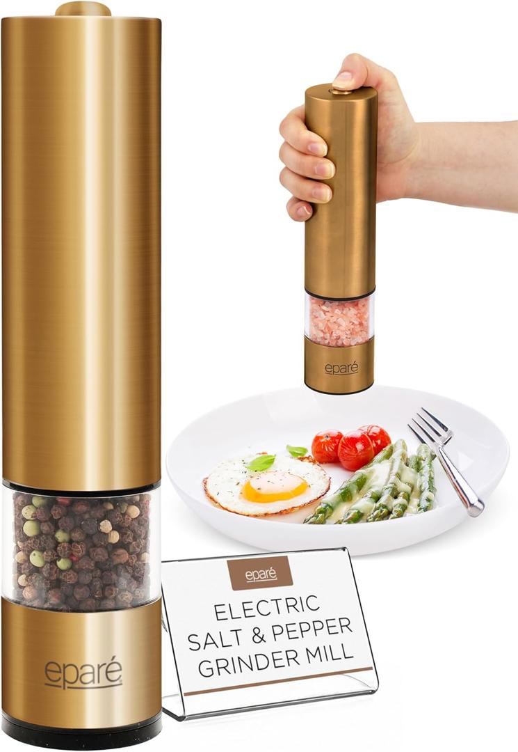 Epar Brass Salt and Pepper Mill - Battery Operated Gold Pepper Grinder with Ceramic Burr - Automatic Steel Peppermills With LED Light - Gold or Brass Color