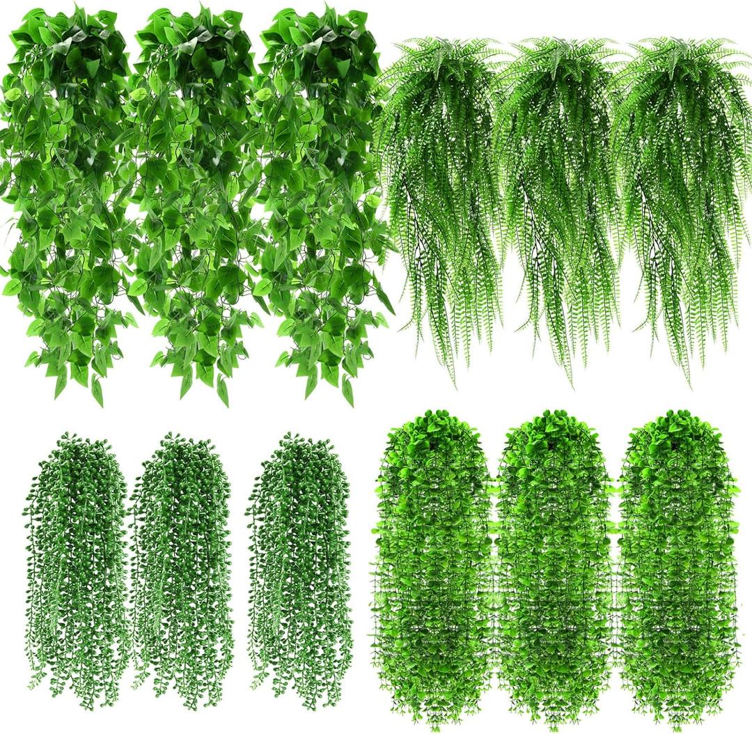 Daifunli 12 Pcs Artificial Hanging Plants Fake Hanging Ferns Plastic Faux Plants for Wall Room Garden Garland Indoor Outdoor Decor No Basket (Boston, Eucalyptus, Ivy Vine, String of Pearls)