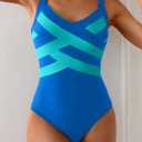 One Piece Swimsuit for Women Modest Full Coverage Bathing Suit Slimming Color Block V Neck Swimwear (Blue, S)