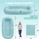 ChiXnuggle Human Sized Dog Bed for Adults, Giant Faux Fur Striped Washable Dog Bed with Orthopedic Foam Support and Blanket, Cozy Lounger for Reading, Napping & Cuddling with Pets, 72"x40"x10", Blue