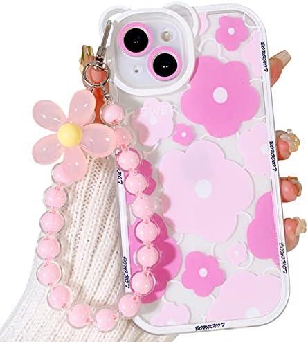 NITITOP Compatible iPhone 13 Case with Cute Clear Cartoon Little Girl Bear Flower Heart Beaded Lanyard Wrist Strap - Pink Flower
