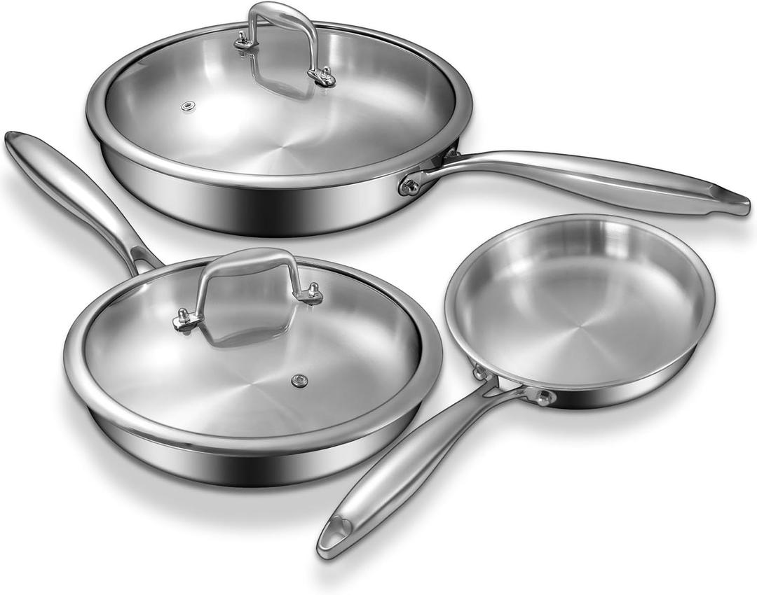 Tri-Ply Stainless Steel Frying Pans Set with Lid, EWFEN 8/10/12 Cooking pans, PFOA&PTFE Free Skillet, Induction Cooking Pan, Dishwasher and Oven Safe, Fast & Even Heat, Suitable for All Stove