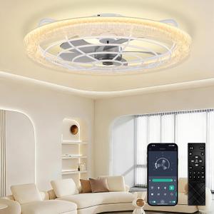 24in Low Profile Ceiling Fans with Lights and Remote, 3000-6500K Dimmable LED Fan Light, Flush Mount Bedroom Ceiling Fan, 6 Wind Speeds Bladeless fandelier with APP for Kitchen Balcony Office Gym