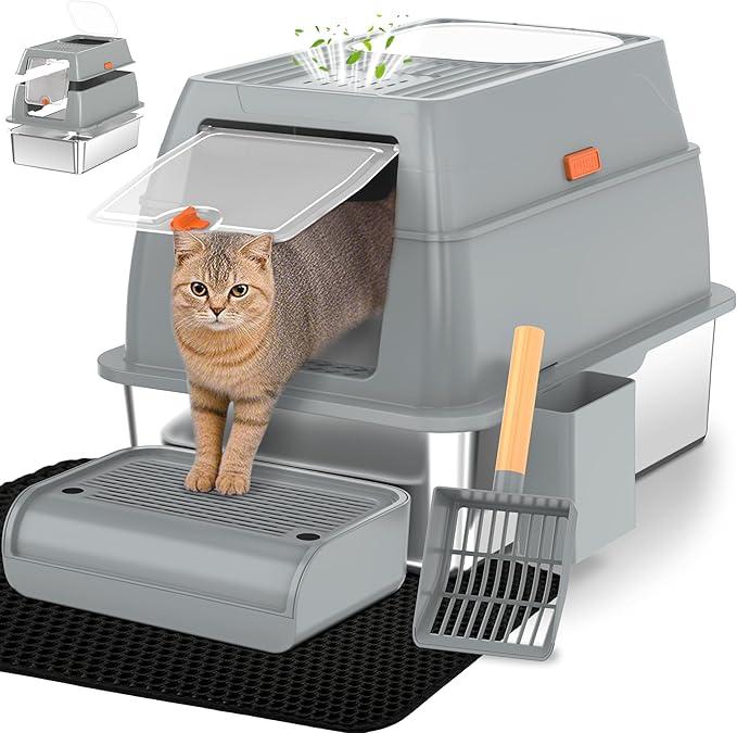 Vivifying Stainless Steel Litter Box with Lid, XL Front Entry Enclosed Extra Large Litter Box for Big Cats & Kitty, Top Exit Metal Cat Pan with Scoop, Mat, Trapping Step, Charcoal Filter (Gray)
