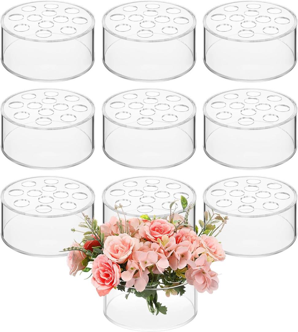 Tanlade Acrylic Floral Centerpiece for Dining Table Decorations Wedding Round Flower Vase Centerpiece Vases Table Low Flower Holder with Holes for Home Birthday Party(10 Pcs,5.51 Inches)