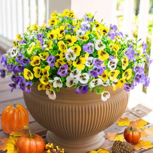 Artificial Fall Fake Mums Flowers Plants for Outdoor Outside Decor, 12 Bundles Faux Silk Mixed Pansies Flowers for UV Resistant Realistic for Planter Front Door Porch Yard Patio Window Box Decor (Purpleyellowwhite)