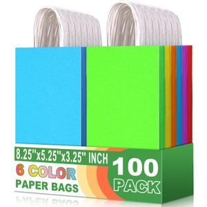 Small Colorful Gift Bags with Handle Pastel Gift Bags 100 Pack, 5.25x3.25x8.25 Inch Paper Goodie Bags for Wedding, Christmas, Birthday Party Favors, Grocery, Craft, Retail Shopping, Goody, and Business