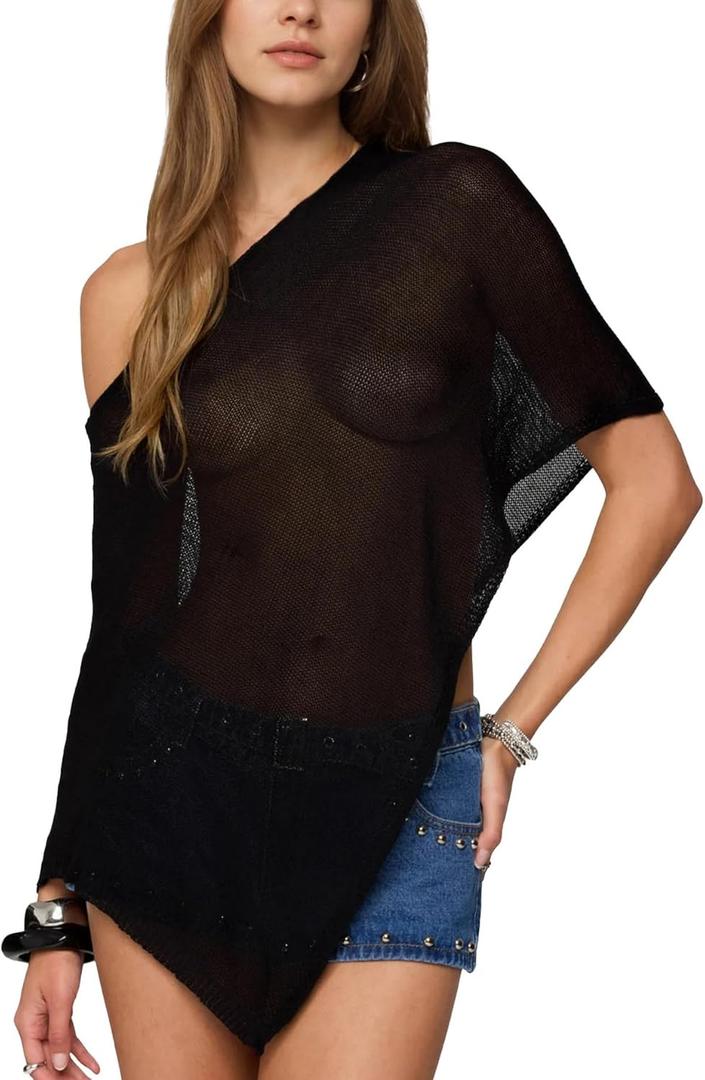 Sheer Poncho for Women Trendy Off Shoulder Asymmetric Knit Cover Up Vacation Shawl Shrug Lightweight Sweater Top (Large, Black)
