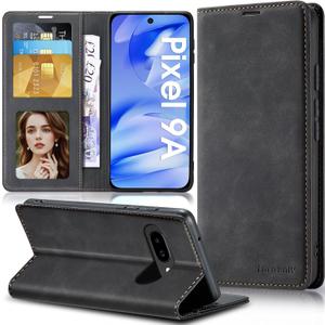 For Google Pixel 9A Case Flip Leather Cover with Hinge Protection, Thin Magnetic Wallet Case [Card Holder], Shockproof Protective for Google Pixel 9A Phone Case, Black