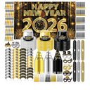 MOVINPE 2026 New Years Eve Party Supplies Bulk Serve 120 - New Year's Banner Backdrop Top Hats, Cone Hats, Tiara, Glasses, Leis, Horns, Blowouts, Noiese Makers, Event Party Favors (Hats have creases)