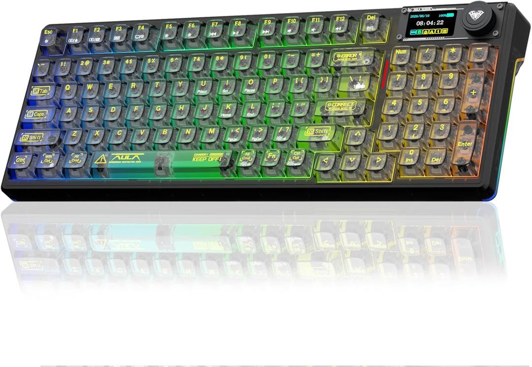 AULA F98 Pro V3 Wireless Mechanical Keyboard with Transparent Keycaps,Hot-swappable,Pre-lubed Linear Switches,Gasket Structure,RGB Backlit,TFT Screen,BT5.0/2.4G/USB-C Wired Computer Keyboard