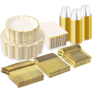 I00000 350 PCS Ivory and Gold Plastic Plates for 50 Guests, Premium Scalloped Disposable Dinnerware Set Include: 100 Disposable Plate, 50 Napkins, 50 Cups, 50 Silverware Set for Party & Wedding
