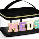 Geetery Medicine Bag Chenille Letter Patch Meds Bag Nylon Portable Travel Makeup Cases Preppy Patch with Zipper Cosmetic Toiletry Storage for Women