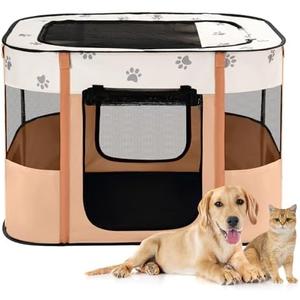 Avont Portable Dog Cat Playpen, Foldable Pop Up Pet Play Pen Travel Crate with Floor and Mesh Door Top for Indoor Outdoor Collapsible Tent Cage -L, Orange