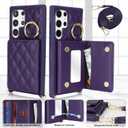 for Galaxy S23 Ultra Case with Card Holder and Strap for Women,Crossbody Lanyard, Make Up Mirror,Ring Stand,Snap Clasp,Cute Phone Wallet Cases 6.8 inch - Deep Purple