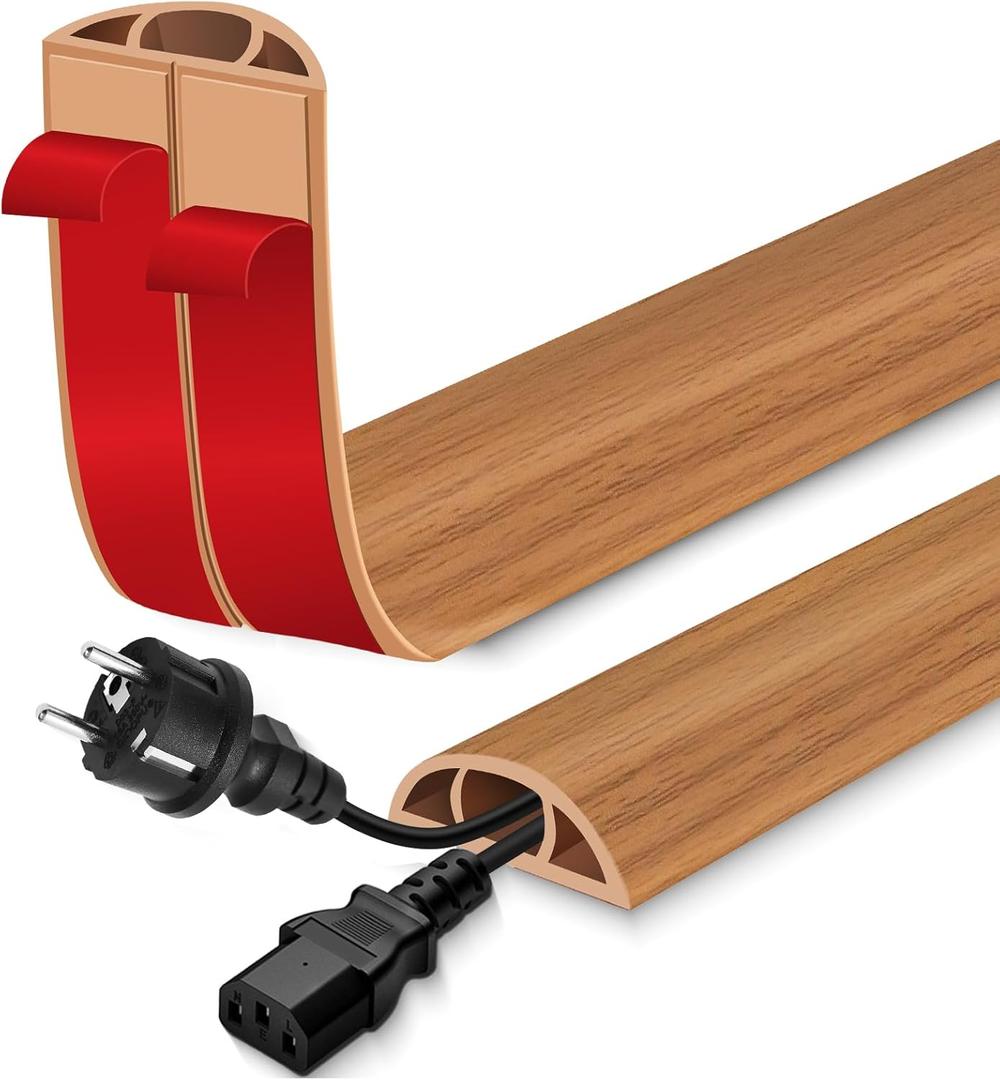 Floor Cord Cover for Wires on Floor Self Adhesive Cord Hider Floor Cable Management Wire Covers for Cords Protector Prevent Cable Trips Cord Cavity W 0.47" x H 0.27", Brown Wood, 3.3Ft