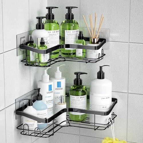 KiKiRico Corner Shower Caddy, 2 Pack Adhesive Shower Organizer with 8 Hooks, No Drilling Rustproof Stainless Shower Shelves for Bathroom, Organizers and Storage Racks, Black