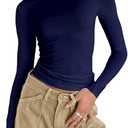 Abardsion Women's Long Sleeve Shirts Spring 2025 Casual Basic Going Out Crop Tops Slim Fit Tight Y2K Clothes (2# Navy Blue) S