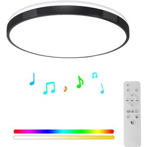 HOREVO 24W LED Ceiling Lamp Black Flush Mount Ceiling Light Fixture with Bluetooth Speaker with Remote Control,RGB Color Changing Light for Bedroom,Living Room,Bathroom,Kitchen.(Need Wired)