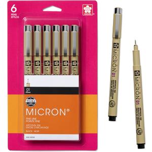 SAKURA Pigma Micron Fineliner Pens, 01 Tip Size, Archival Black Ink, 6 PK 50035