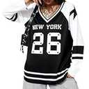 Oversized Jersey Shirts for Women - V Neck Jerseys Shirt Team Number Y2k Streetwear Long Sleeve Tops White Black, Medium