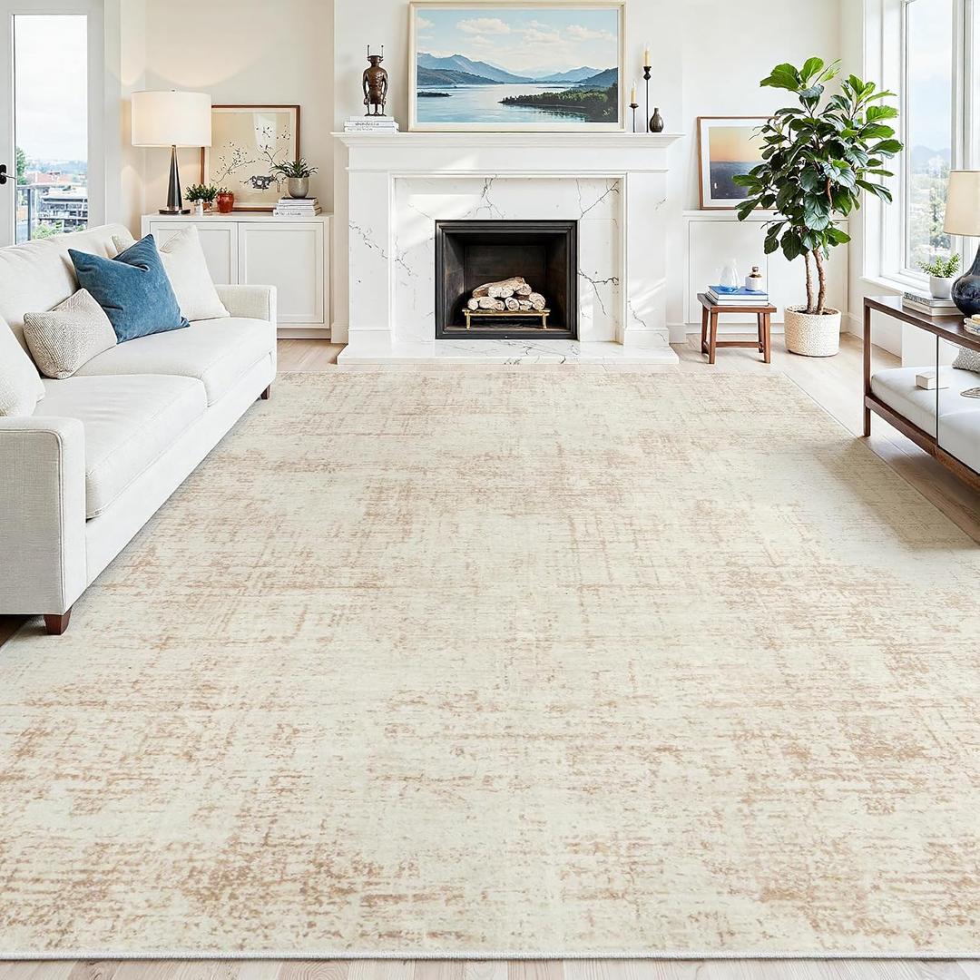 9x12 Area Rugs for Living Room Washable Rug: Anti-Skid Abstract Modern Living Room Rug Soft Thin Carpets Indoor Floor Non-Shedding Carpet for Bedroom Dining Farmhouse Nursery Home Office Beige White
