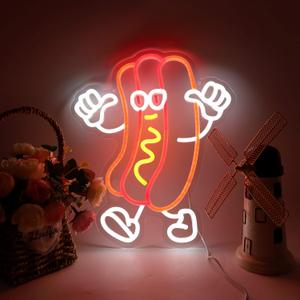 Hot Dog Dancing Neon Signs for Hotdog Themed Party Decorations LED Neon Hot Dog Light Up Sign for Room Wall Decor hotdog Gifts 12.8 * 15.2 Inch