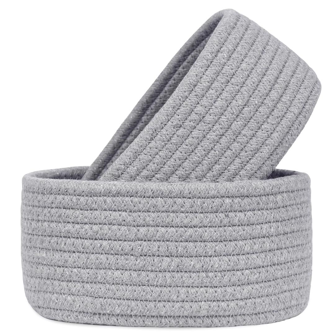 2 PackABenkle Small Woven Baskets, Tiny Oval Shallow Storage Baskets, Mini Cotton Rope Empty Decorative Basket, Boho Little Organizer Bins for Bathroom, Cat Dog Toy Gifts Baskets