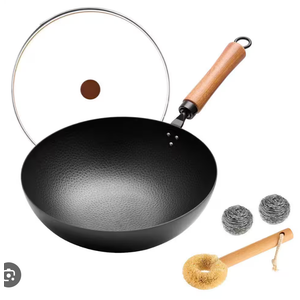 Carbon Steel Wok with Lid, 12.6" Hammered Stir Fry Pan with Helper Handle & Iron Spatula, Thickened Heavy Duty Flat Bottom Wok for Induction, Electric & Gas Stoves, Metal Utensil Safe
