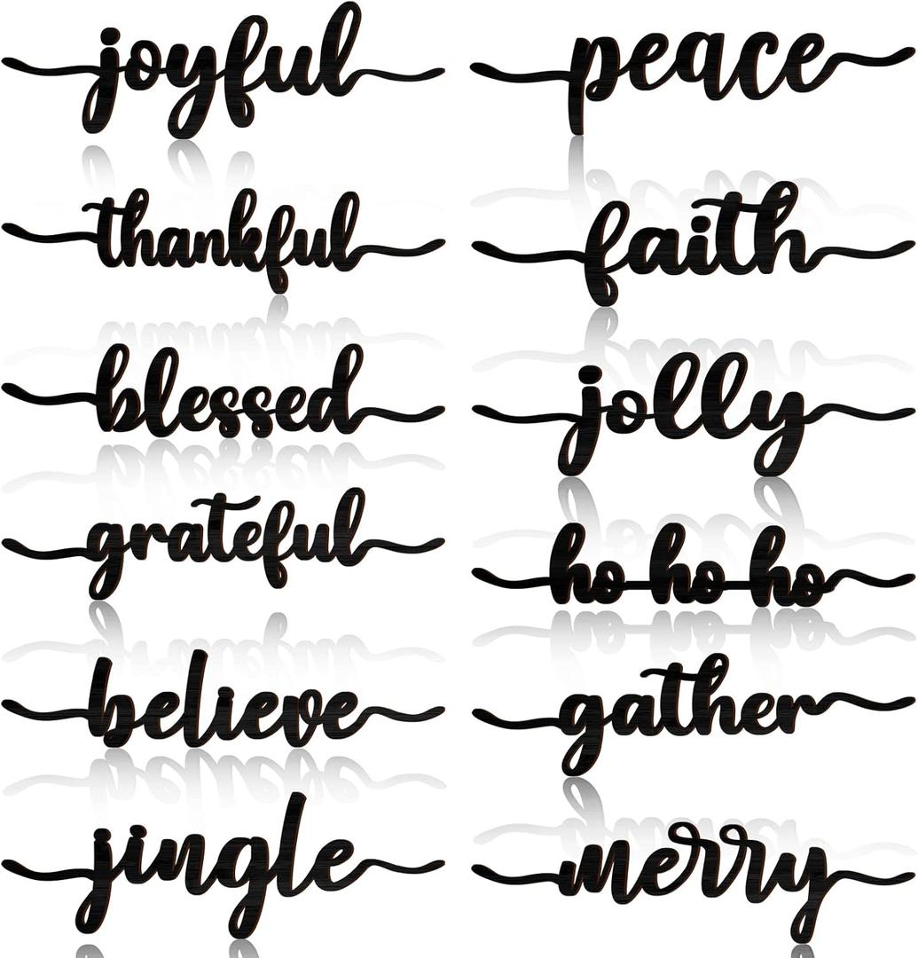 12 Pieces Christmas Word Wood Cutout Joyful Merry Thankful Grateful Blessed Peace Gather Word Sign Christmas Plate Cutout Rustic Merry Signs for Home Table Plate Decoration (Classic Style, Black)