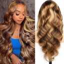 #4/27 Ombre Highlight Lace Front Wigs Human Hair Pre Cut 5X5 Glueless Honey Blonde Body Wave Wigs for Women Pre Plucked with Baby Hair Lace Closure wig 200% Density24inch