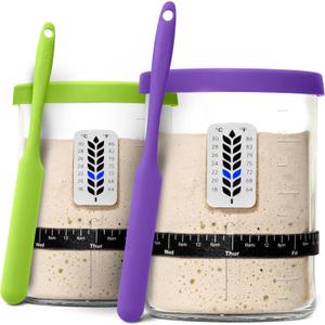 Premium Sourdough Starter Jar - 40oz Large Sourdough Jar with Marked Feeding Band, Thermometer, Scraper, Cloth Cover and Silicone Lid/Base, Wide Mouth Starter Kit - Green/Purple (40oz (2 Pack))