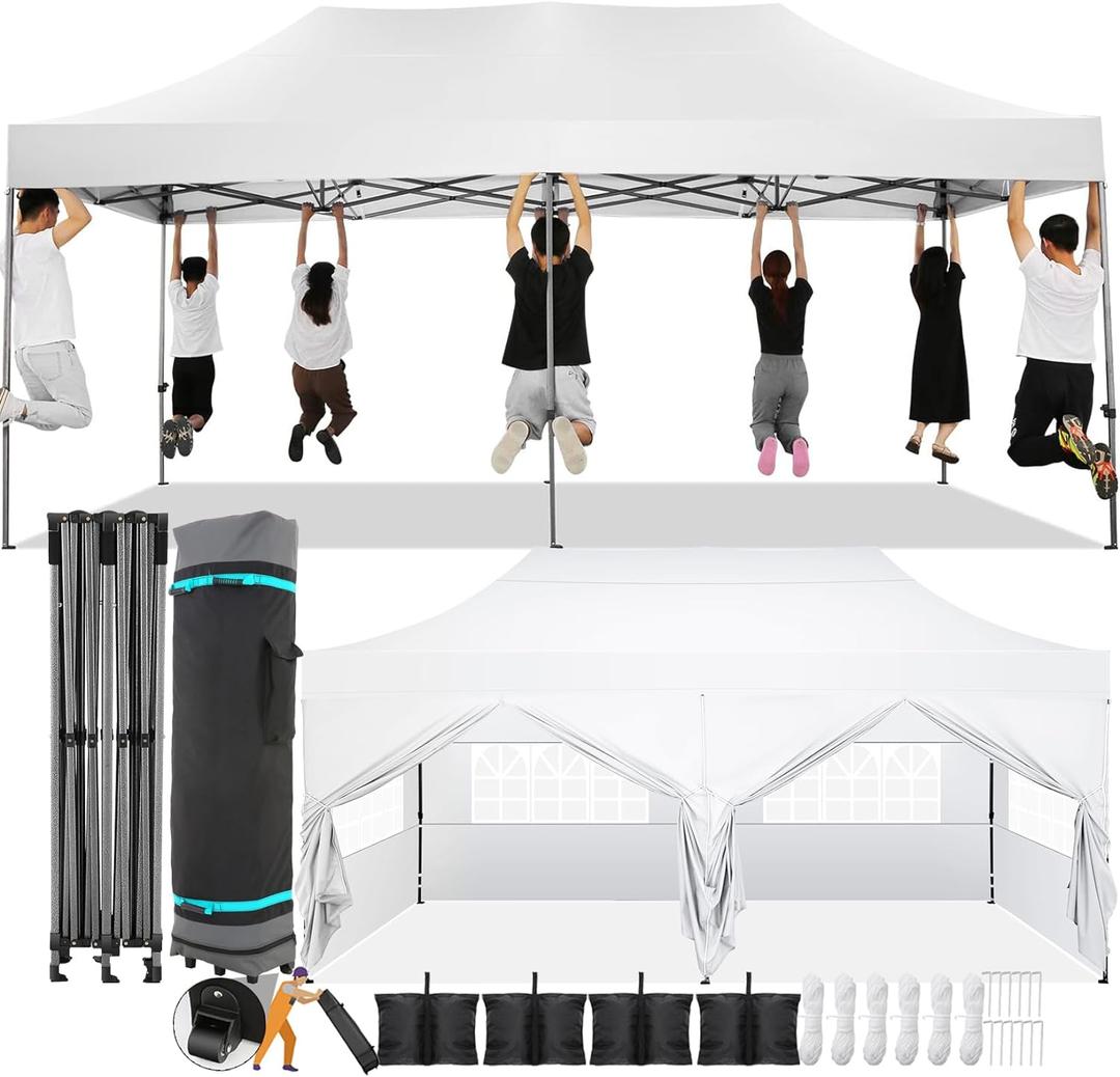 COBIZI 10x20 Pop Up Canopy with 6 Sidewall, Heavy Duty Canopy UPF 50+ All Season Wind Waterproof Commercial Outdoor Wedding Party Tents for Parties Canopy Gazebo with Roller Bag(10 x 20 ft White)