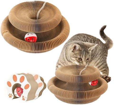 2-Pack Kitty Kurls Cat Scratcher – Foldable Magic Organ Cat Scratcher Board, Reversible Corrugated Cardboard Kitty Scratching Toy with 2 Bell Balls for Indoor Exercise