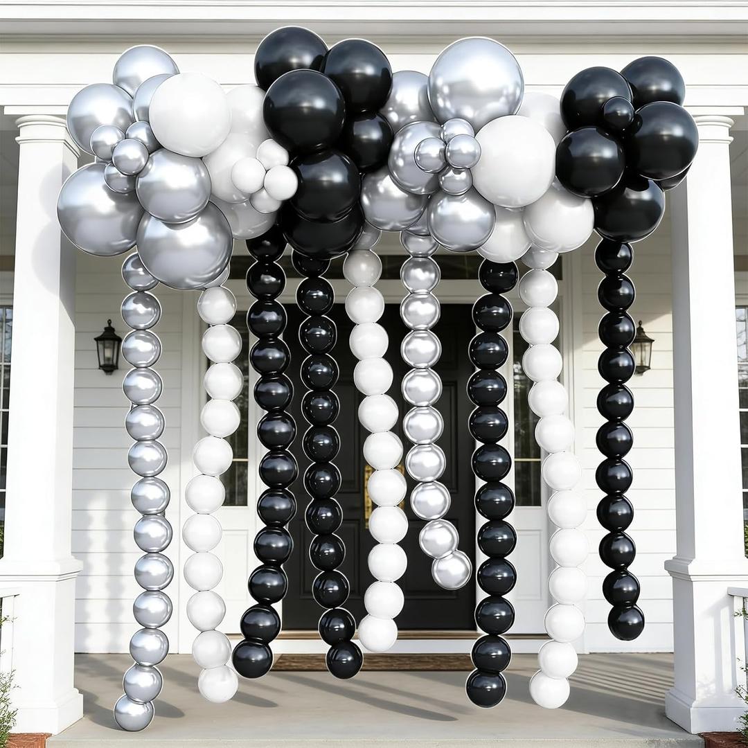 Black and Silver and White Linking Balloons, 154PCS Different Sizes Link Balloons for Making Balloon Wall Heart Arch, Quick Linked Balloon for Wedding Birthday Baby Shower Graduation Party Decorations